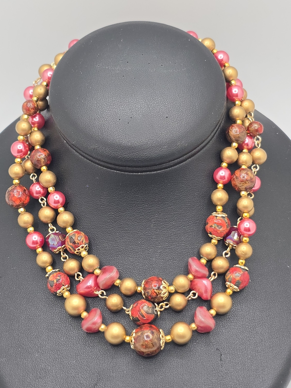 Vintage Three Strand Necklace Choker Pink, Red, Gold Plastic Beaded 12.5"